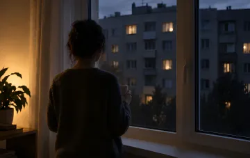 Женщина с чашкой у окна в темной квартире на фоне многоэтажек со светом