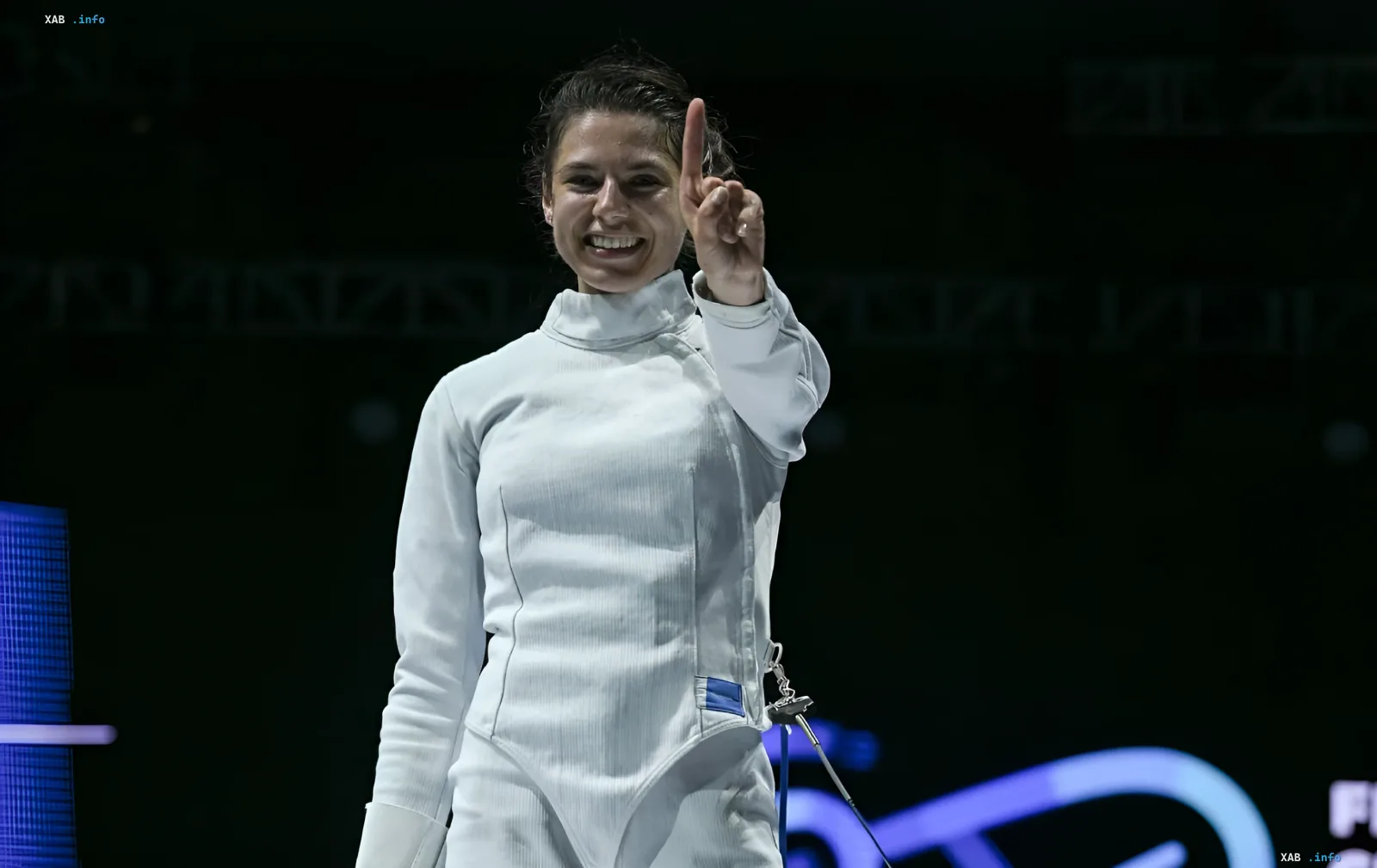 Ukrainian fencer Vlada Kharkova celebrating her victory at the Ukrainian Cup