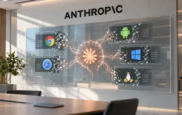 Anthropic-Bürointerieur mit einer Wandanzeige, die ein KI-Modell, Browser und Betriebssysteme zeigt