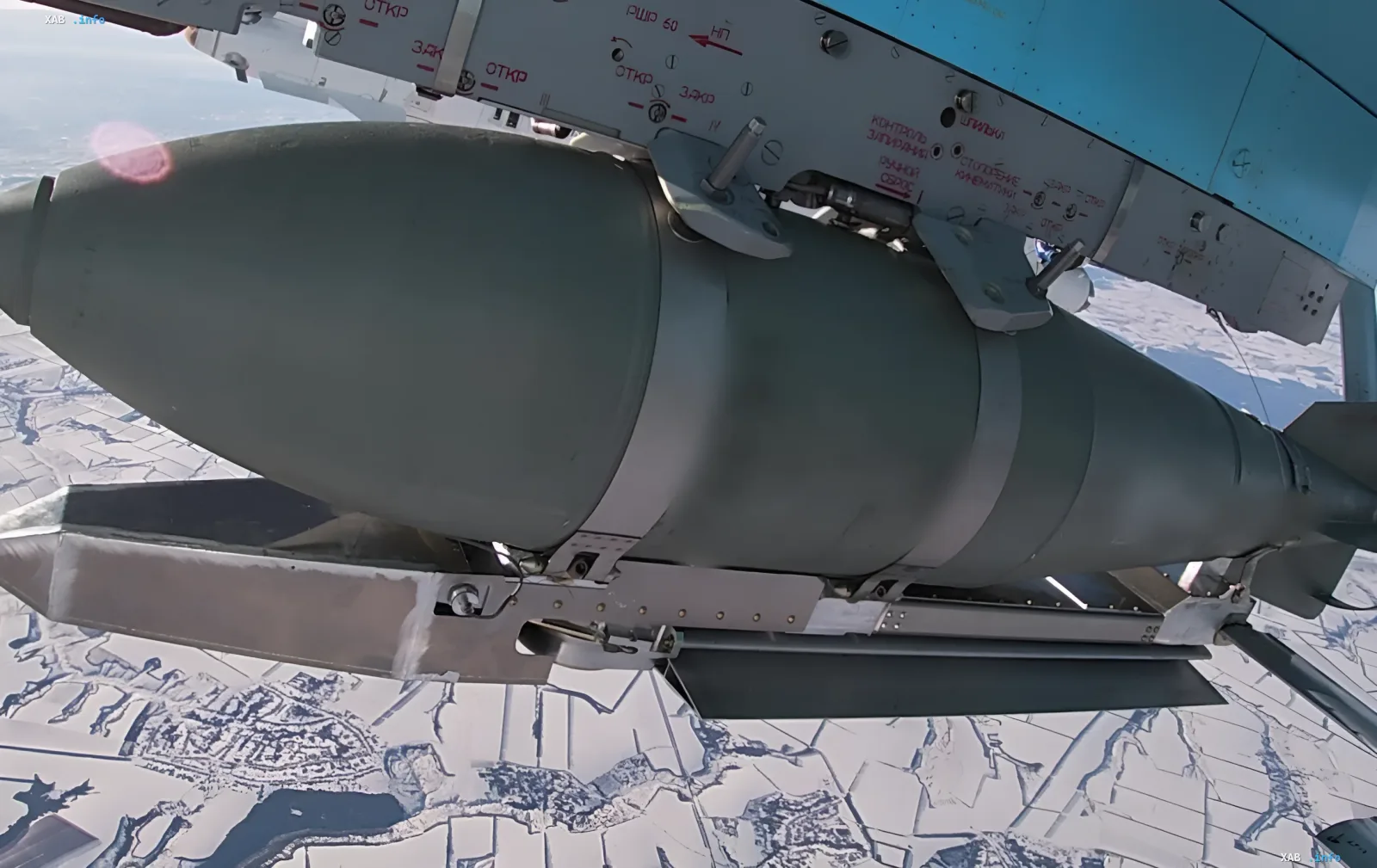 A Russian guided aerial bomb KAB mounted under the wing of a military aircraft before a combat mission