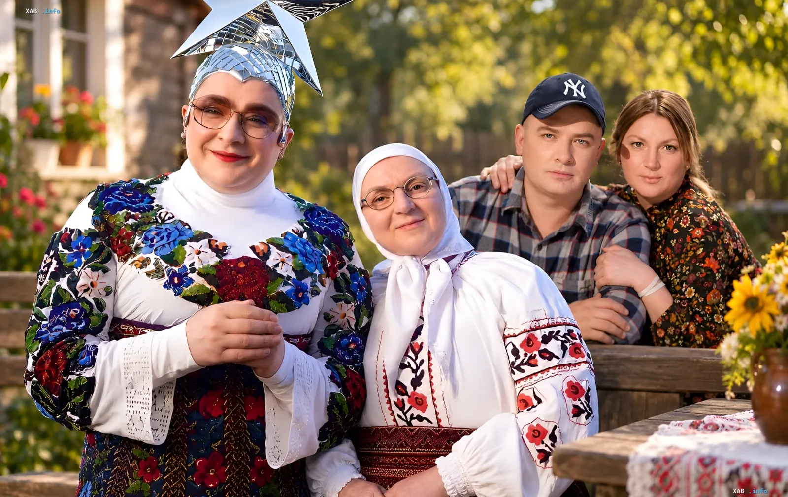 Инна Билоконь и Андрей Данилко в образах мамы и Верки Сердючки на фоне загородного дома