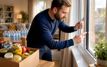 Ein Mann überprüft die Dichtung eines Kunststofffensters in einer Wohnung vor dem Hintergrund von Kisten mit Lebensmitteln und Wasser zur Vorbereitung auf einen Blackout