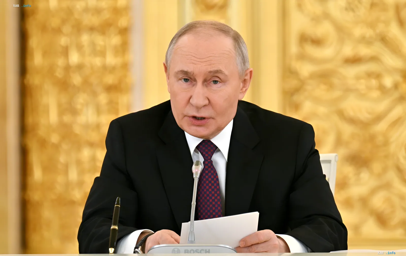 Vladimir Putin speaking at an official meeting behind a lectern with a microphone