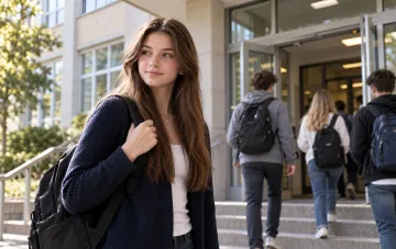 High school girl with a backpack looking aside in front of a school entrance