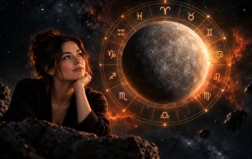 A woman looks at the zodiac wheel and the planet Mercury in outer space