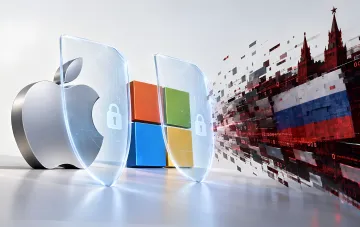 Защитные экраны перед логотипами Apple и Microsoft на фоне цифрового флага России