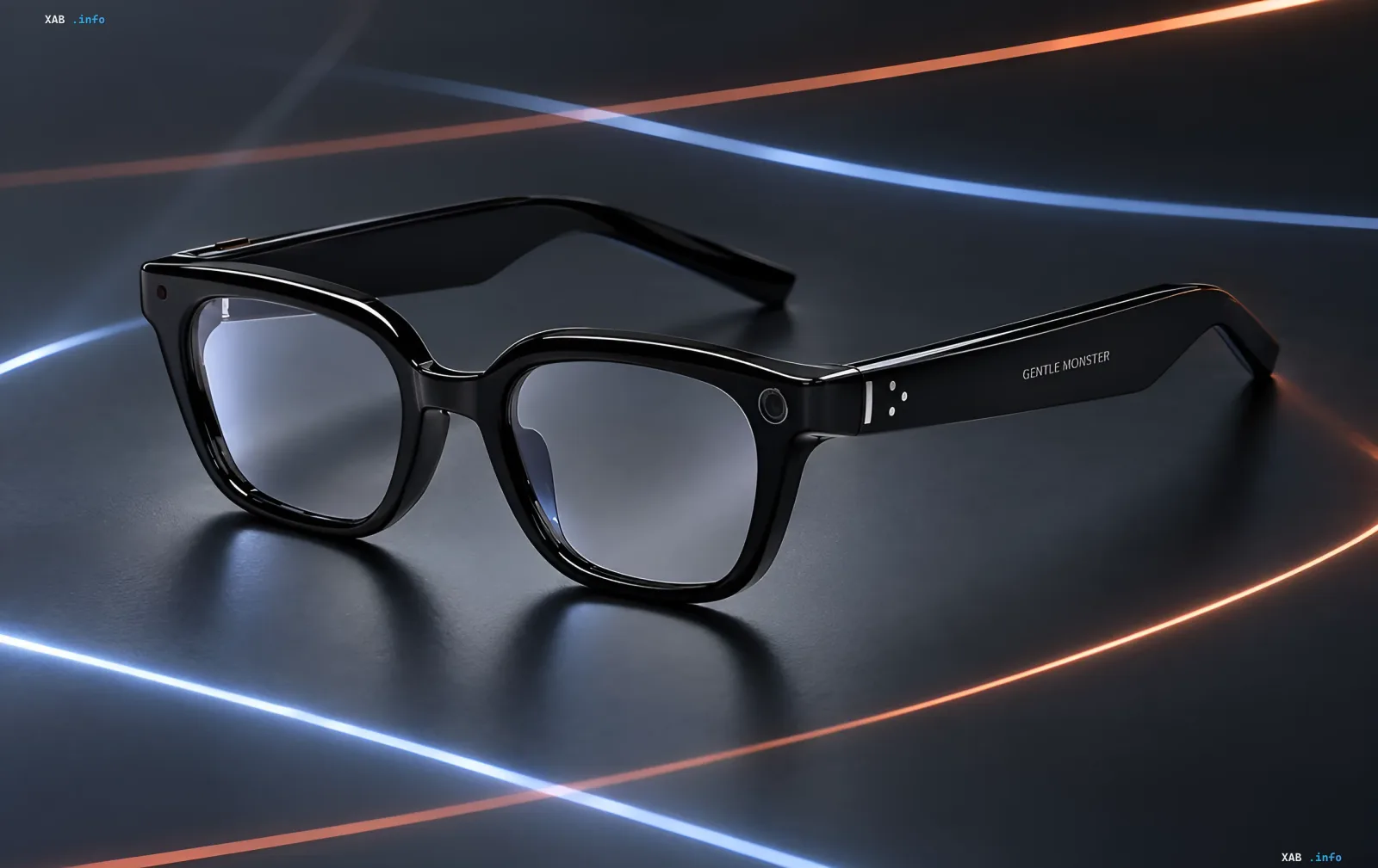 Black smart glasses with a camera and microphone rest on a dark surface against glowing neon light lines.
