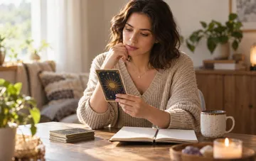 Женщина рассматривает карту Таро за рабочим столом с книгой и свечой