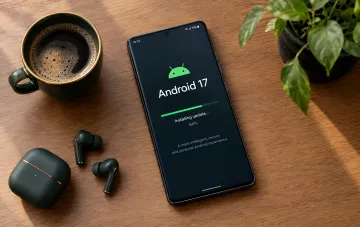 Smartphone auf einem Holztisch mit dem Android 17 Update-Installationsprozess auf dem Bildschirm