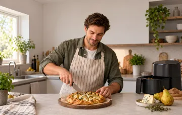 Ein Mann in einer Schürze schneidet eine frisch gebackene Birnen-Blauschimmelkäse-Galette in der Küche neben einer Heißluftfritteuse