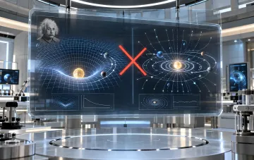 Holografisches Display mit Formeln und Vergleich von Einsteins Raumzeitkrümmung und Plasmawiederverbindung
