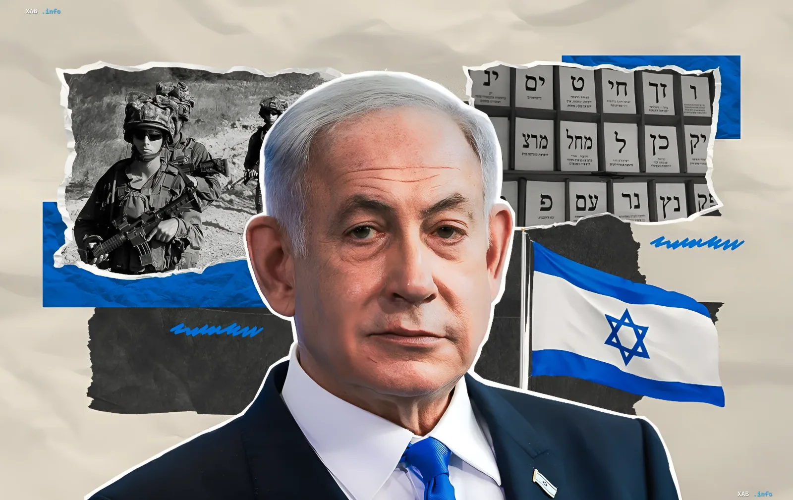 Der israelische Premierminister Benjamin Netanjahu vor dem Hintergrund der israelischen Flagge und Militärcollagen