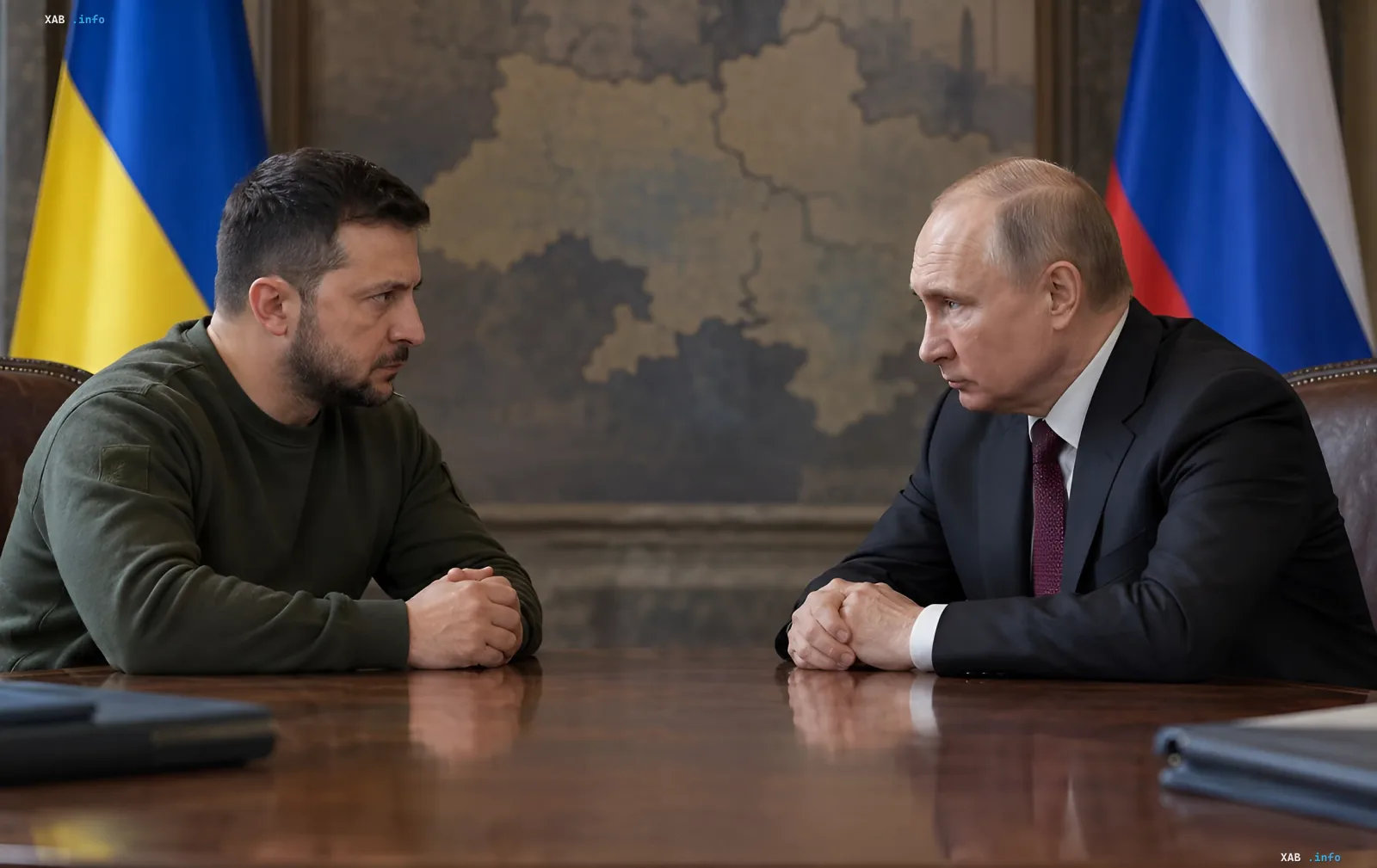 Volodymyr Zelenskyy and Vladimir Putin sitting across from each other at a negotiating table during an official meeting