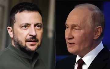 Volodymyr Zelenskyy and Vladimir Putin in parallel portrait shots