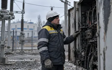 Energietechniker mit Helm inspiziert einen beschädigten Schaltschrank an einem Unterwerk in Konotop