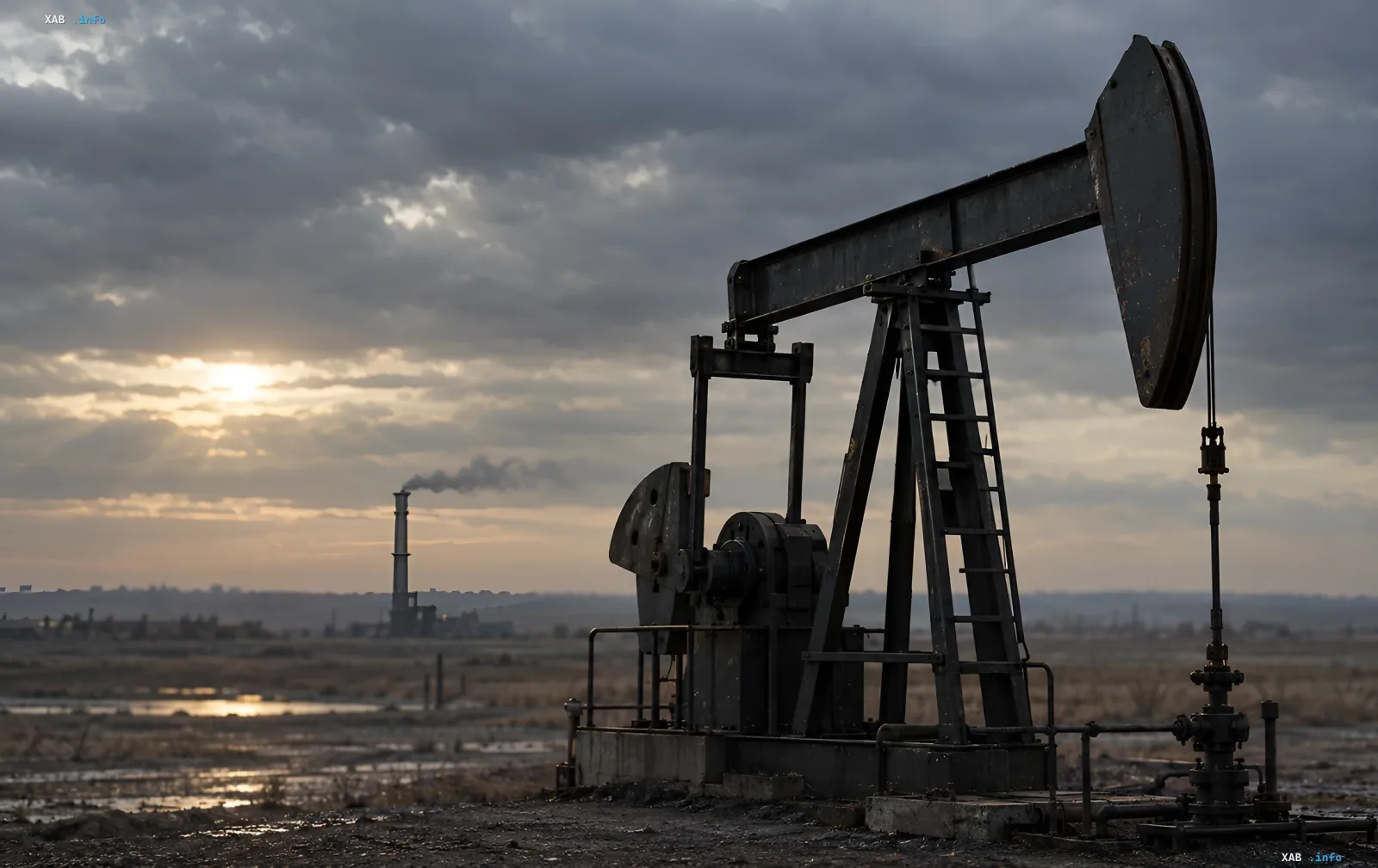 Нефтяная качалка на фоне промышленного завода и заката в пасмурный день