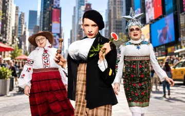 Artist Andriy Danylko as Verka Serduchka with her mother and dancer in traditional embroidered shirts on a New York street