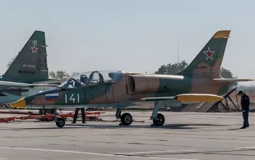 Russian military aircraft Su-34 parked at an airfield before the attack