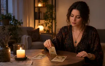 Woman reading tarot cards by candlelight in a cozy evening setting