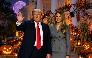 Дональд Трамп и Мелания Трамп на праздновании Хэллоуина у Белого дома на фоне тыкв.