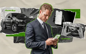 A businessman in a suit uses a mobile app to purchase CASCO insurance against the background of a car and a smartphone screen