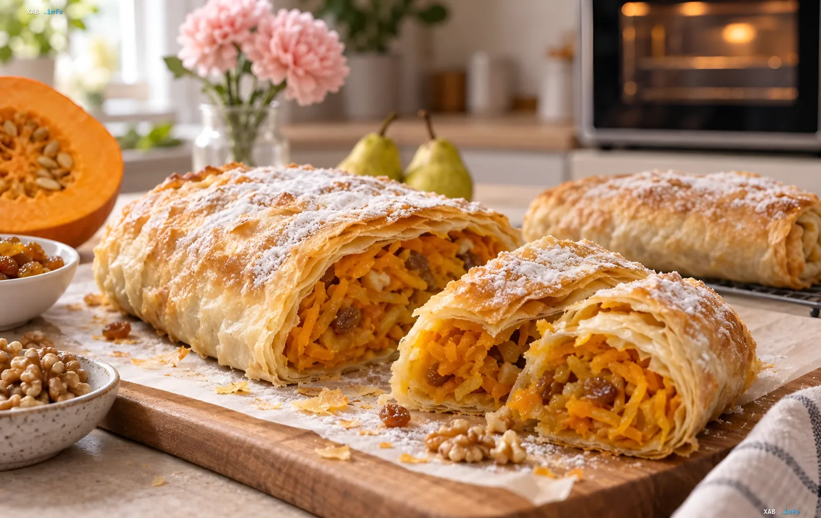 Frisch gebackener Kürbisstrudel mit Puderzucker und Walnüssen auf einem Schneidebrett