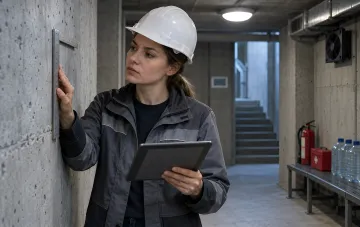 Female engineer in a construction helmet and workwear checks a concrete wall in a basement using a square ruler and a tablet.