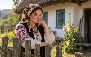 Eine Frau in traditioneller ukrainischer Tracht und Kopftuch steht vor einem ländlichen weiß getünchten Haus mit Reetdach