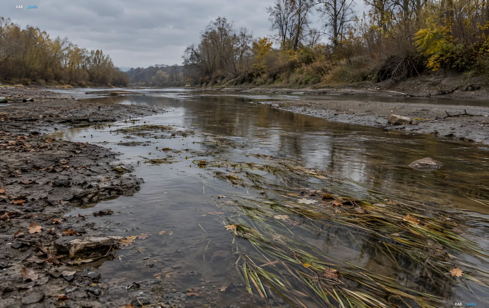 Flacher Fluss mit trockenen Ufern im Herbst unter einem bewölkten Himmel
