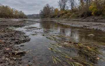 Flacher Fluss mit trockenen Ufern im Herbst unter einem bewölkten Himmel