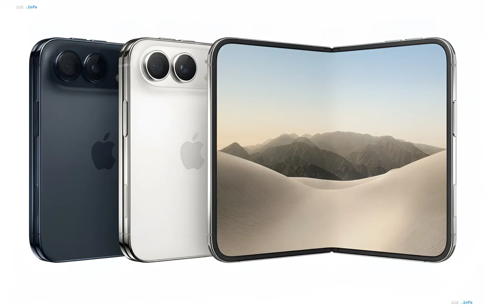 Три складных смартфона Apple iPhone Duo в белом, темно-синем цветах и в развернутом виде с пейзажем на экране.