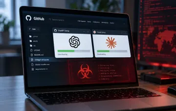 Ноутбук с открытым браузером GitHub и поддельными установщиками ChatGPT и Claude на экране