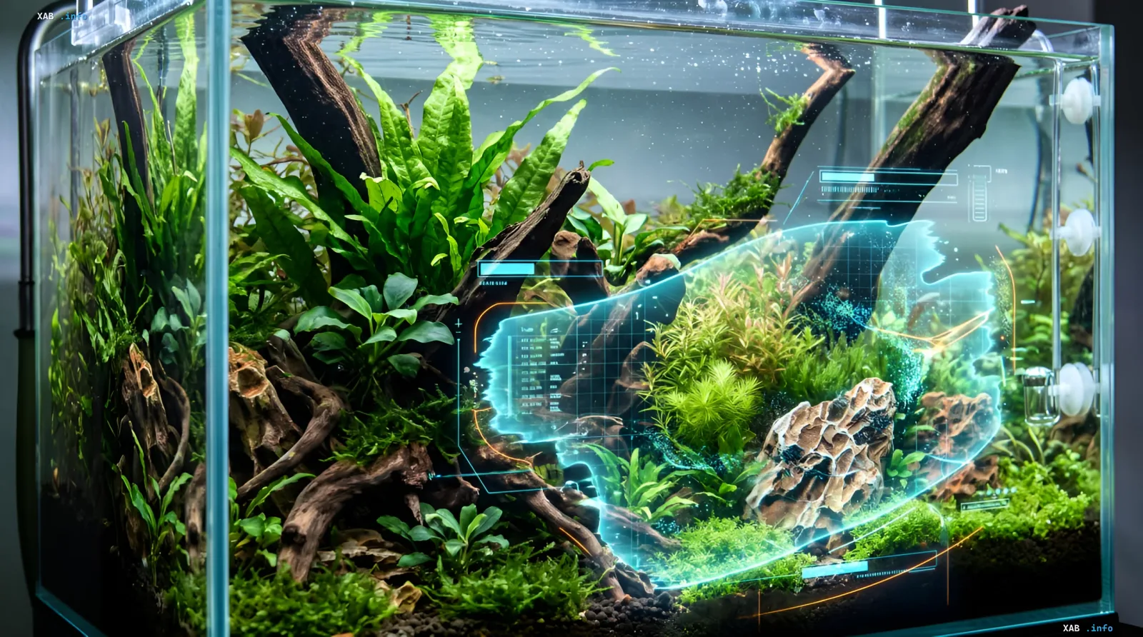 Vibrant aquascape in a glass aquarium with live plants and stones
