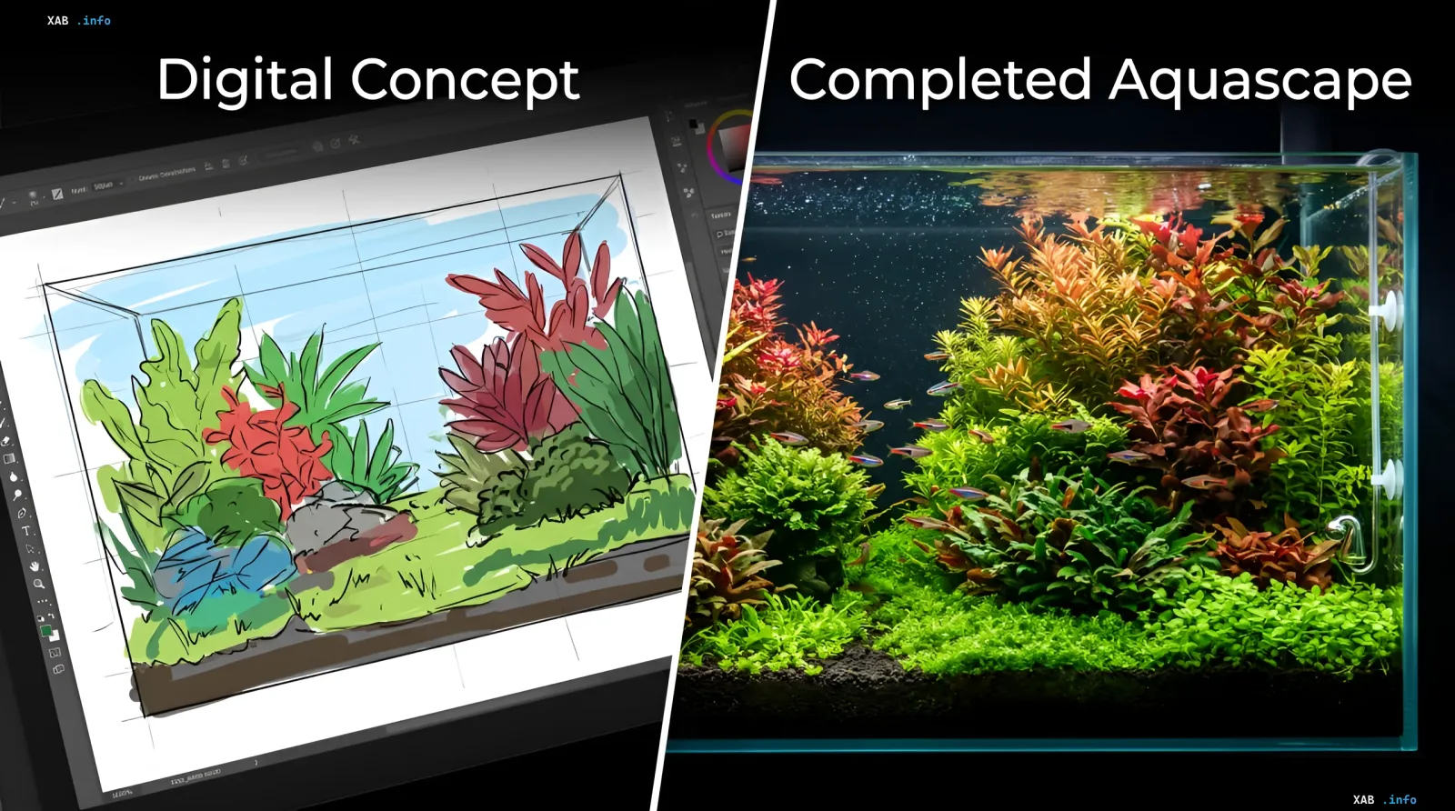 Aquariendesign mithilfe eines neuronalen Netzes Lebendiges Aquascape in einem Glasaquarium mit lebenden Pflanzen und Steinen