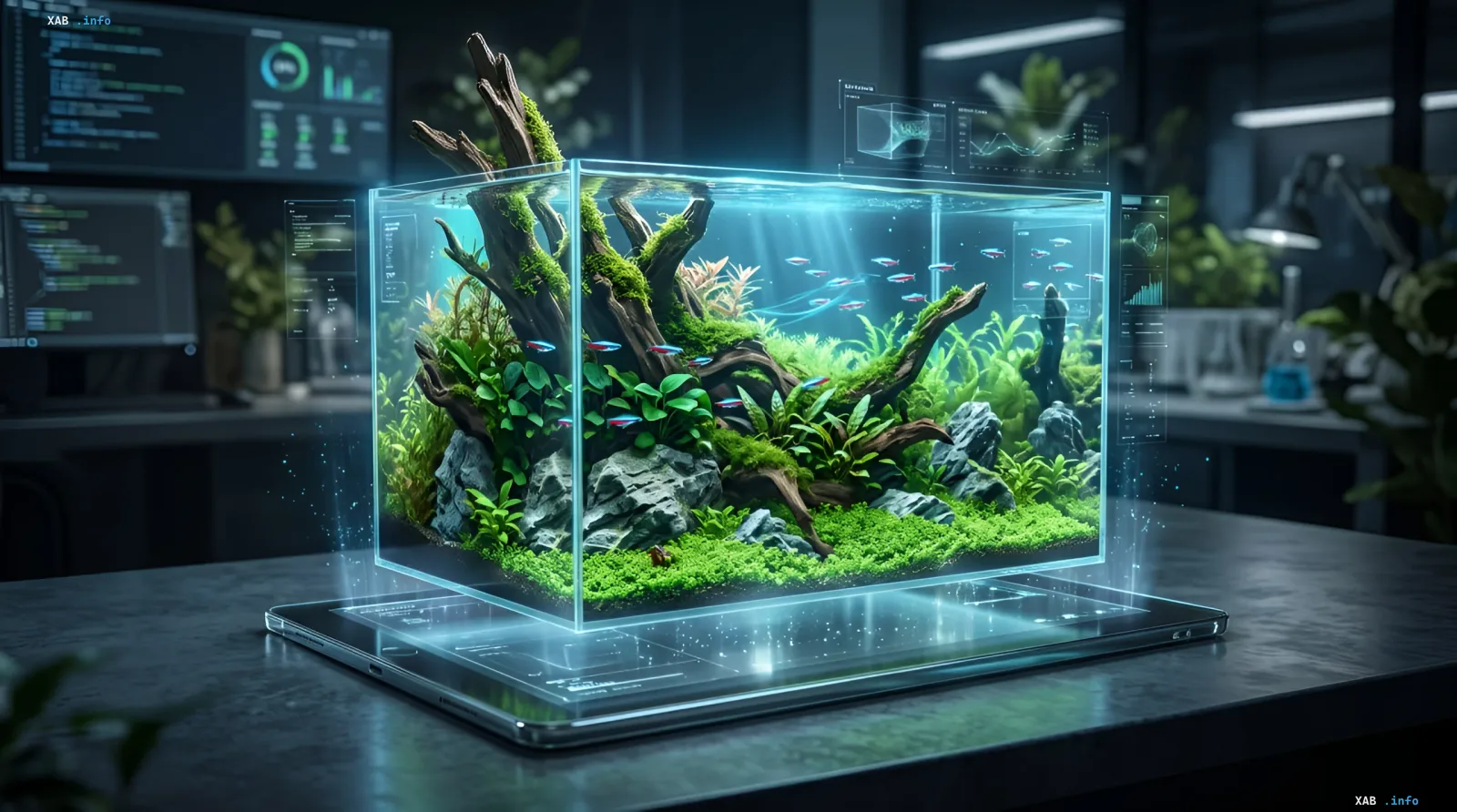 Aquariendesign mithilfe eines neuronalen Netzes Lebendiges Aquascape in einem Glasaquarium mit lebenden Pflanzen und Steinen
