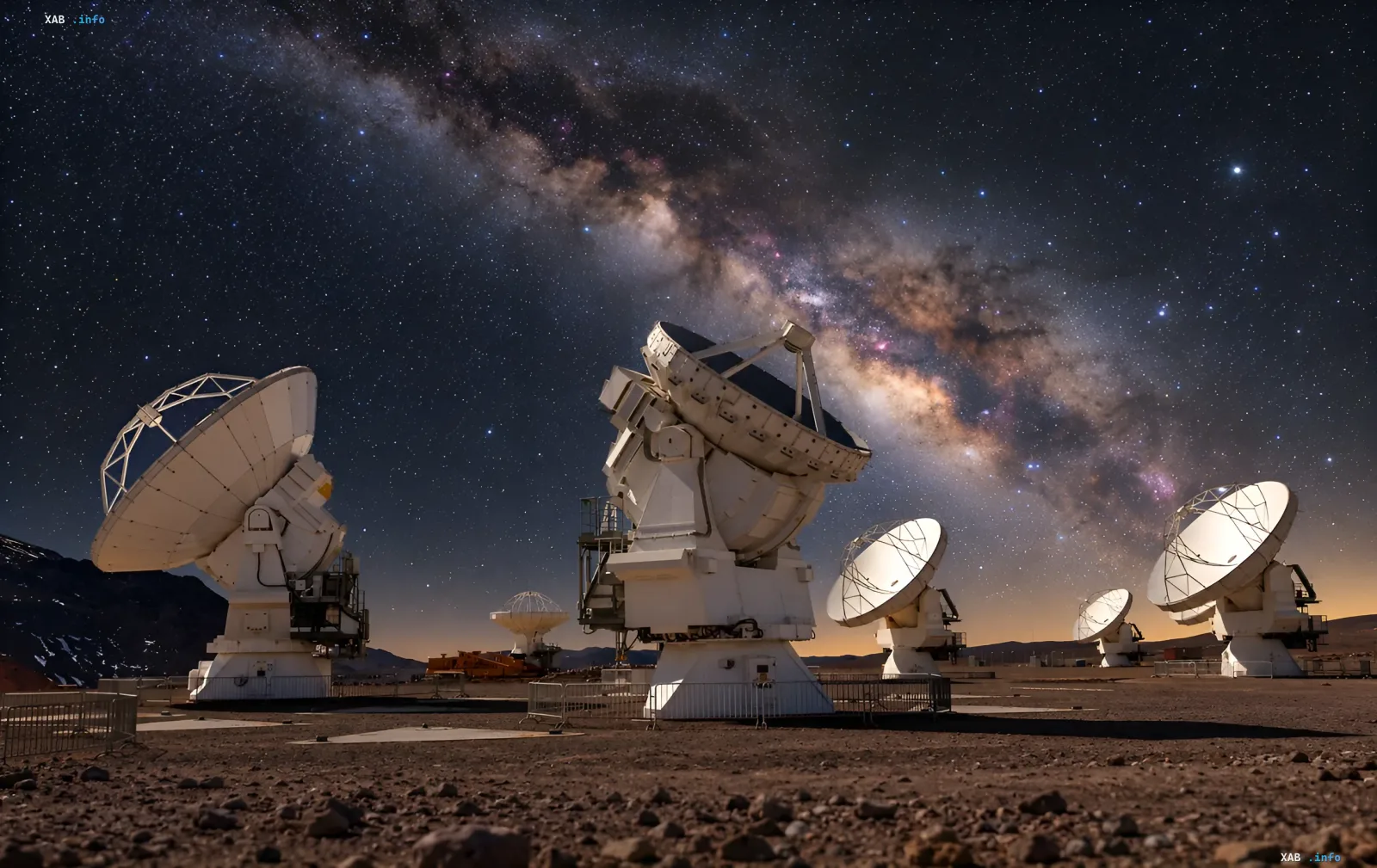 ALMA-Radioteleskope in der Atacama-Wüste unter dem Sternenhimmel der Milchstraße