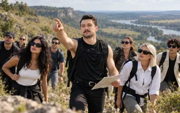 A group of contestants from the adventure reality show Destination X holding a map in the mountains