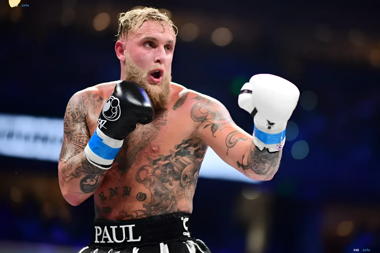 American boxer and content creator Jake Paul with tattoos in the ring wearing boxing gloves