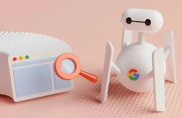 Cute white robot with the Google logo analyzing search results using a magnifying glass.
