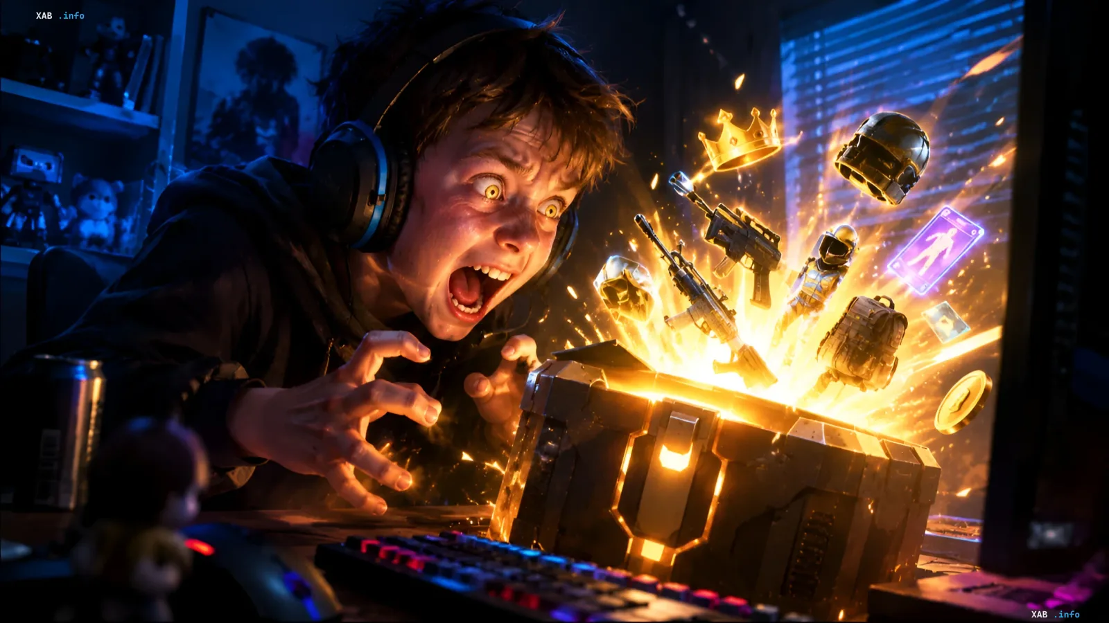 Emotional child wearing headphones in front of a monitor looking at a glowing box with game items