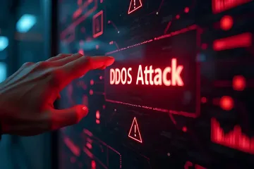 Eine Person berührt einen leuchtenden roten DDoS Attack-Knopf auf einem futuristischen Cybersicherheitsmonitor