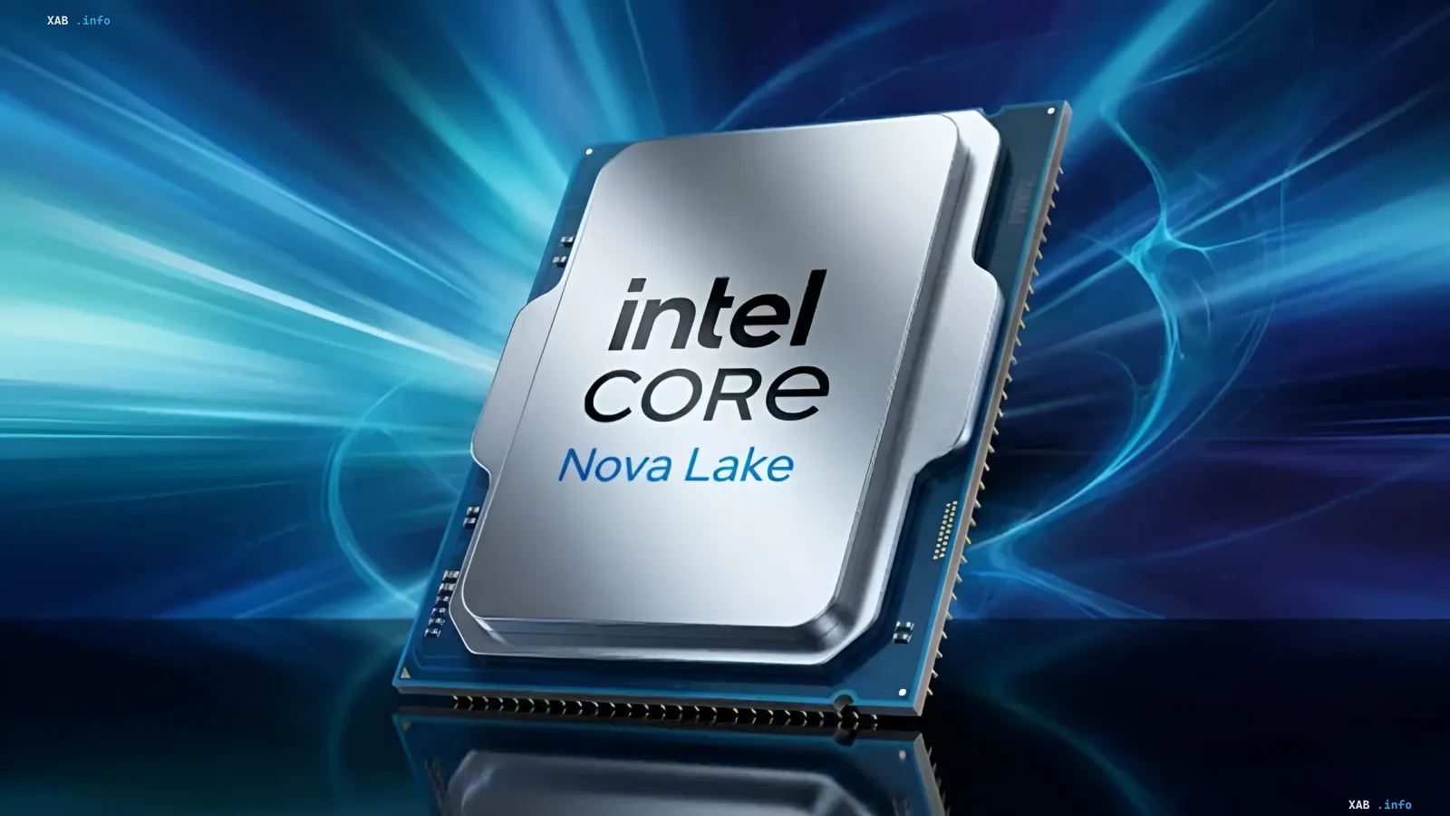 Intel Core Nova Lake Prozessor vor einem Hintergrund aus blauem Energieleuchten