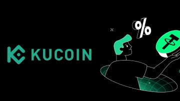 KuCoin exchange logo and a graphic character holding percentages and USDT in hand