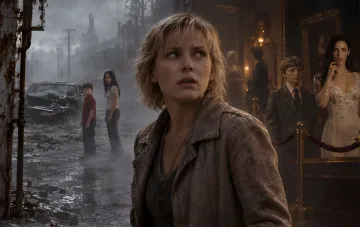 Terrified woman in a coat standing against a post-apocalyptic foggy town reminiscent of Silent Hill