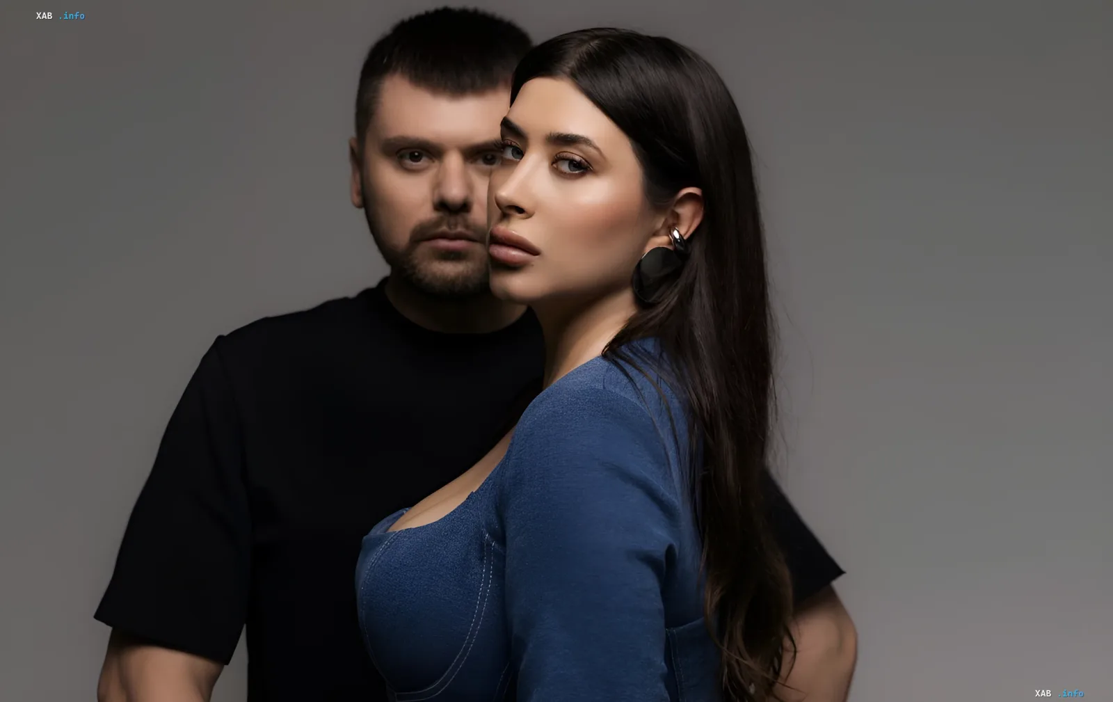 Ukrainian singer MARIAM and composer DONTSOV pose together against a gray background