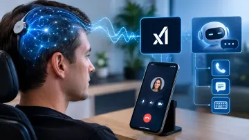 Man with a Neuralink brain interface on his head controls a smartphone and AI agent by thought