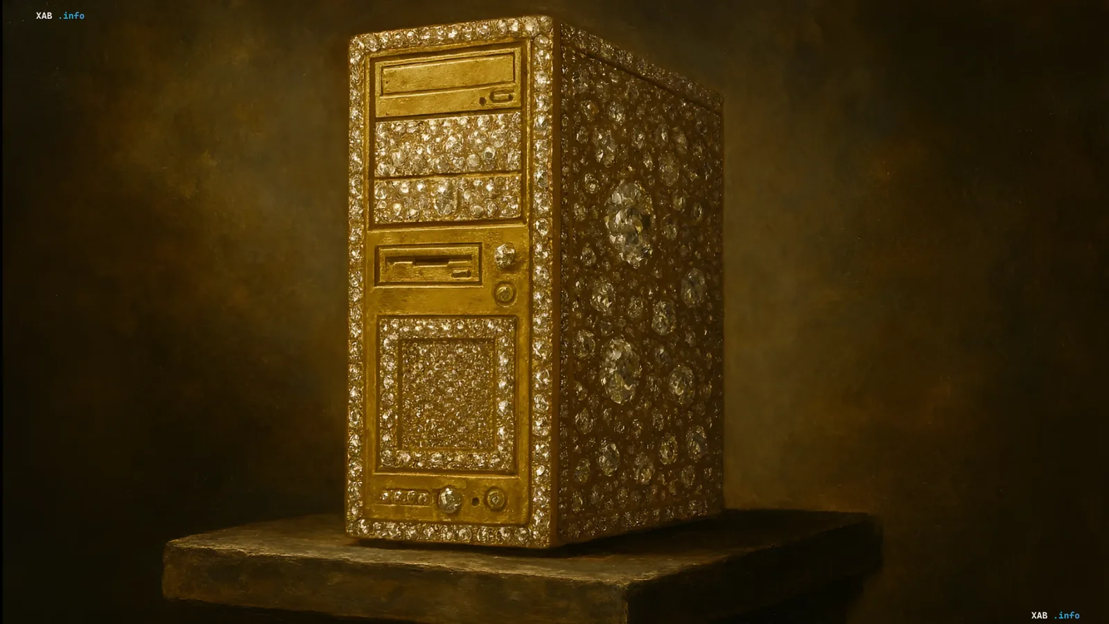 Elegantes goldenes PC-Gehäuse besetzt mit funkelnden Diamanten vor dunklem Hintergrund