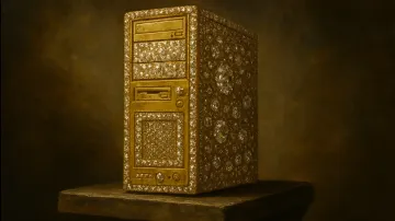 Elegant gold computer case studded with sparkling diamonds against a dark background