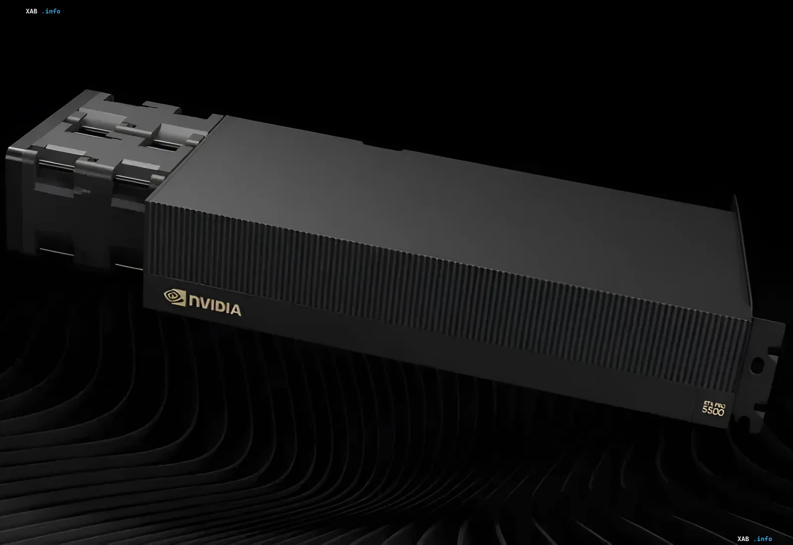 Black chassis of an Nvidia RTX Pro artificial intelligence accelerator on a dark textured background