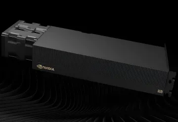 Black chassis of an Nvidia RTX Pro artificial intelligence accelerator on a dark textured background